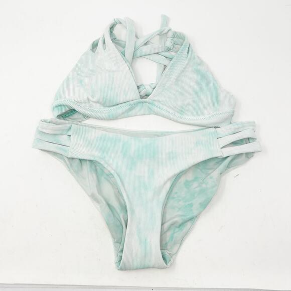 Becca Womens Tie Dye Crystal Ribbed Knit Plunge Cutout Low Rise Bikini Set‎ M - Picture 1 of 6